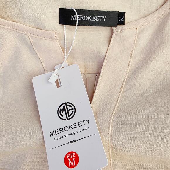 New MEROKEETY Midi Dress Medium Cream Tie Waist Bell Sleeve Cottagecore Milkmaid - Picture 8 of 13